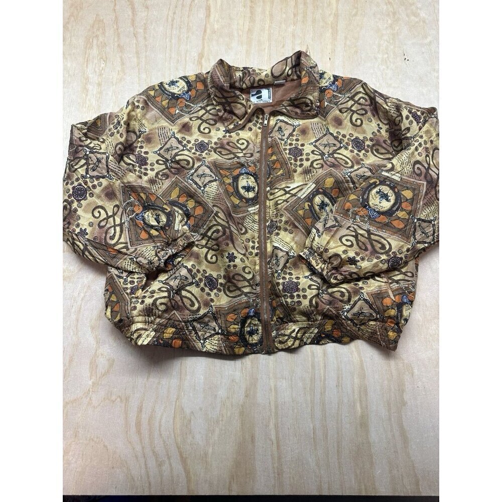 VTG 100% Silk Bomber Jacket Women’s XL Browns Horses Lined Equestrian Zip Front